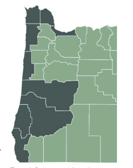 Graphic with Oregon's coastal counties highlighted in dark green.